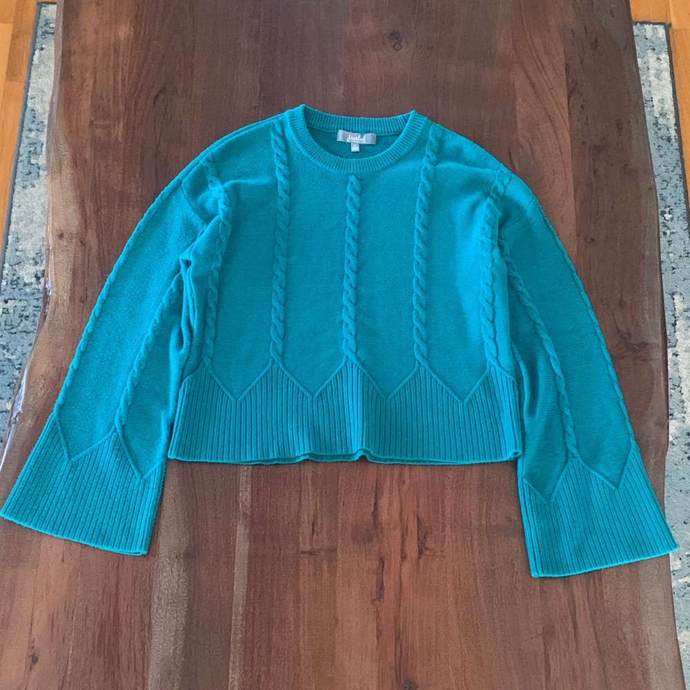 Marled, Teal Cable Knit Sweater with bell sleeves, Sz M